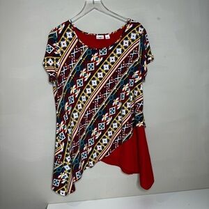 Cato Short Sleeve Asymmetric Stretch Pullover Tunic, Red